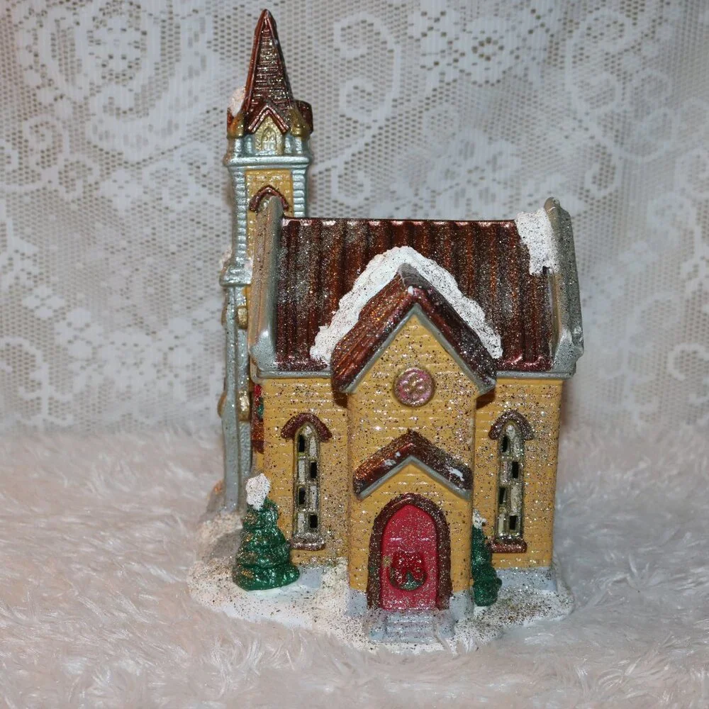 Christmas Village church handpainted ceramic *lighted cord is NOT included*